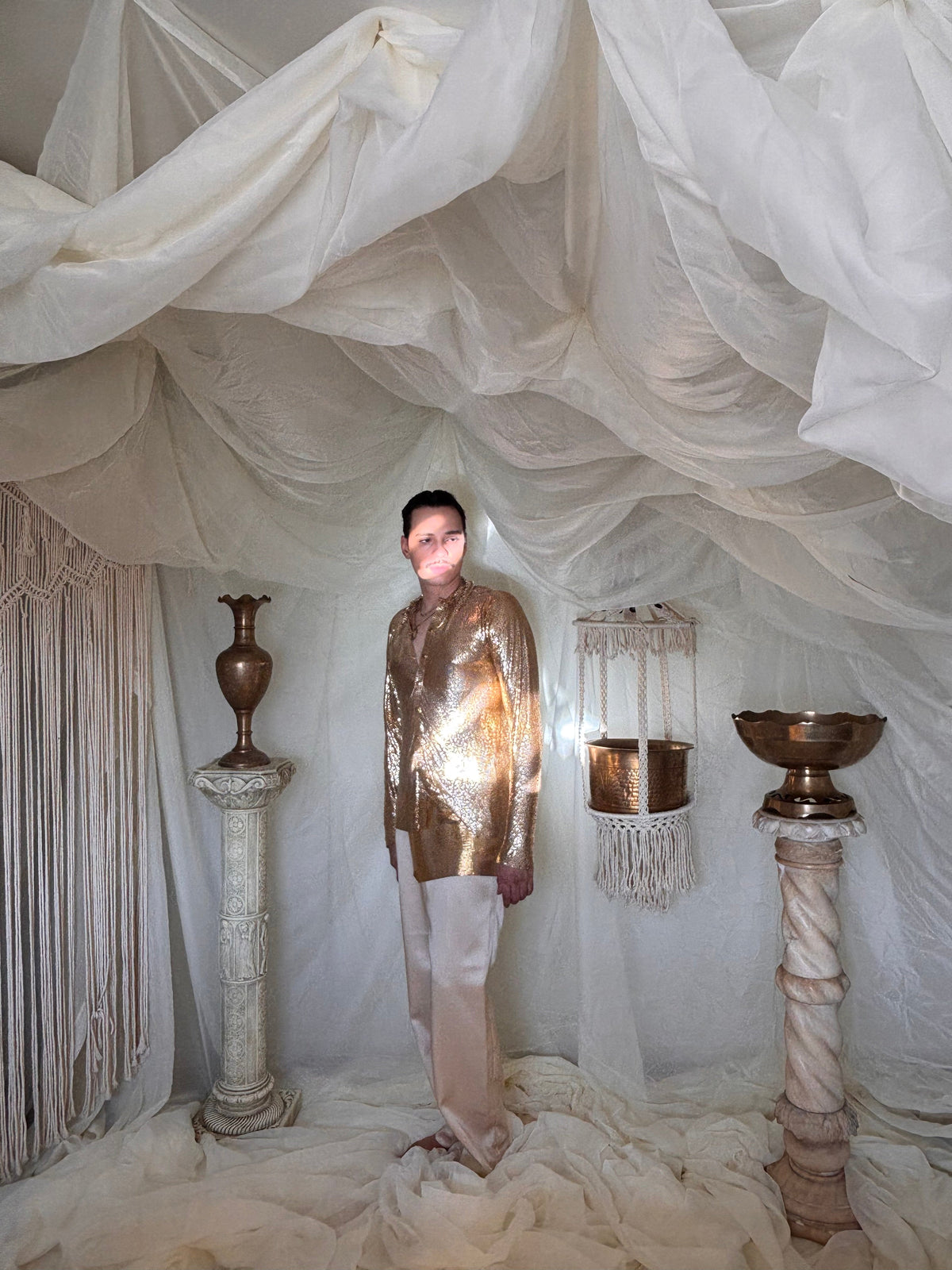 Poseidon — black lace top with powder blue draped fabric against Aivazovsky sea paintings — Hommefound The Odyssey Series SS26