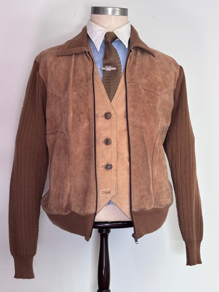 Landlubber tan suede and brown ribbed knit jacket, styled with waistcoat and tie