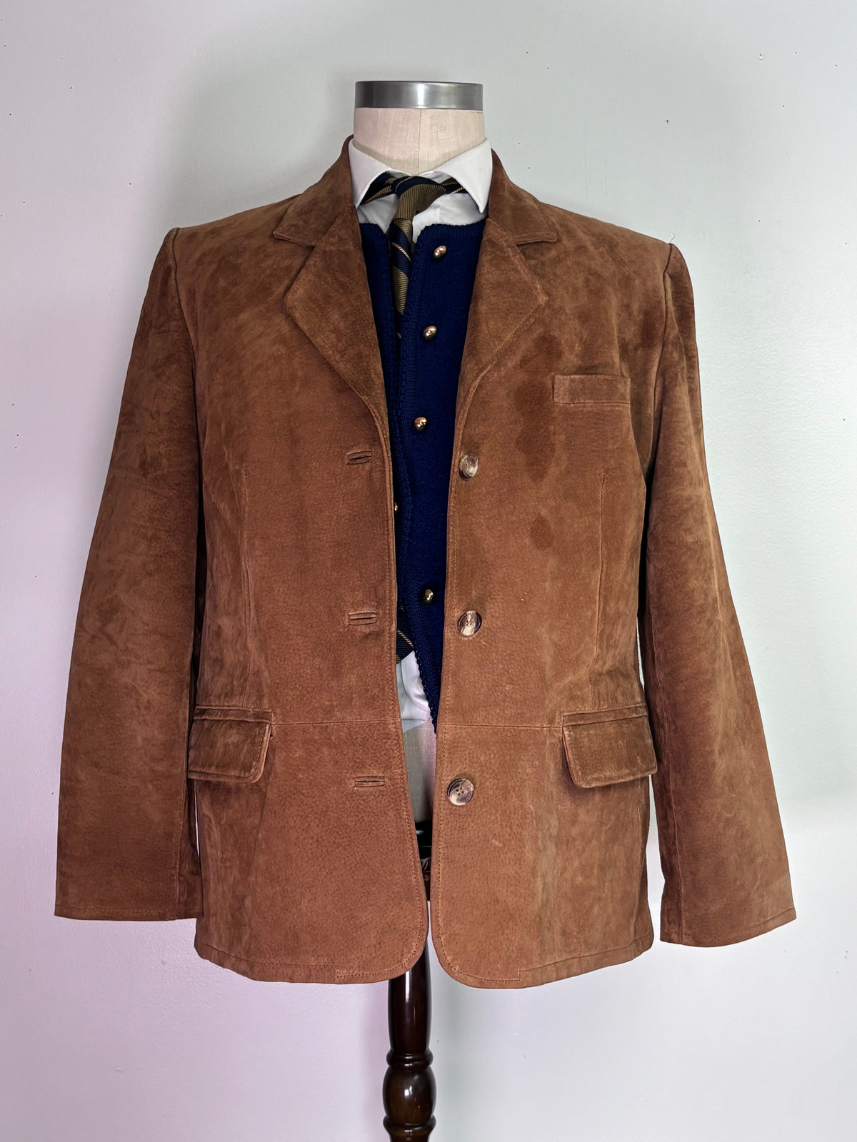 Cobalt wool cardigan styled with tan suede blazer