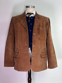 Cobalt wool cardigan styled with tan suede blazer