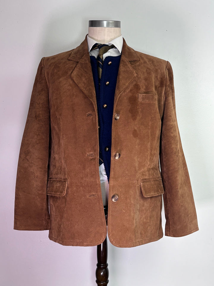 Cobalt wool cardigan styled with tan suede blazer
