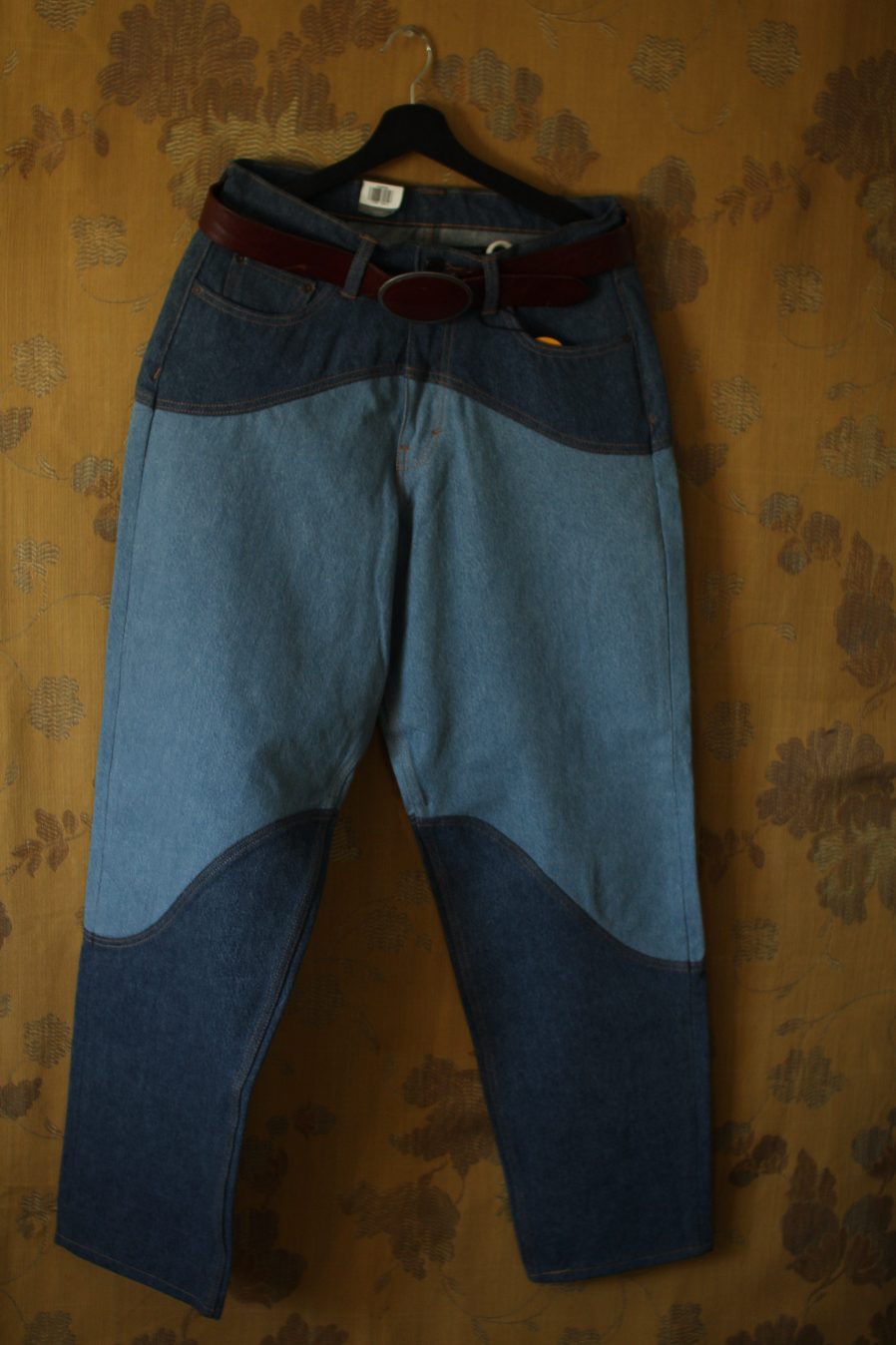 Vintage 1990s GAP patchwork silk tie vest, front view on hanger